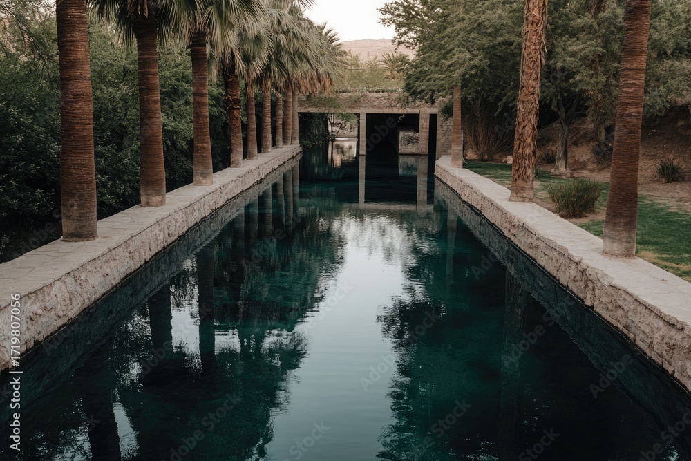 Fototapeta premium Serene, reflective pool lined with stone walls