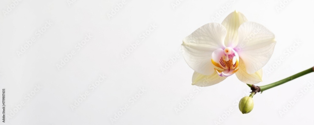 Obraz premium Solitary orchid flower, pristine white background , detail, subtle