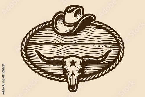 Western wooden sign with cowboy hat and bull skull engraving vector illustration
