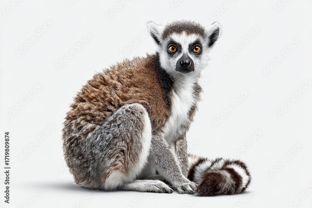 Naklejka premium Lemur Sitting on White Background with Alert Expression and Striped Tail