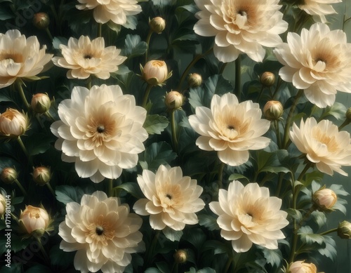 Green chrysanthemum pattern, subject at bottom, ample sunlit gold toned copy space at top, seamless repeating design, optimized for photo.