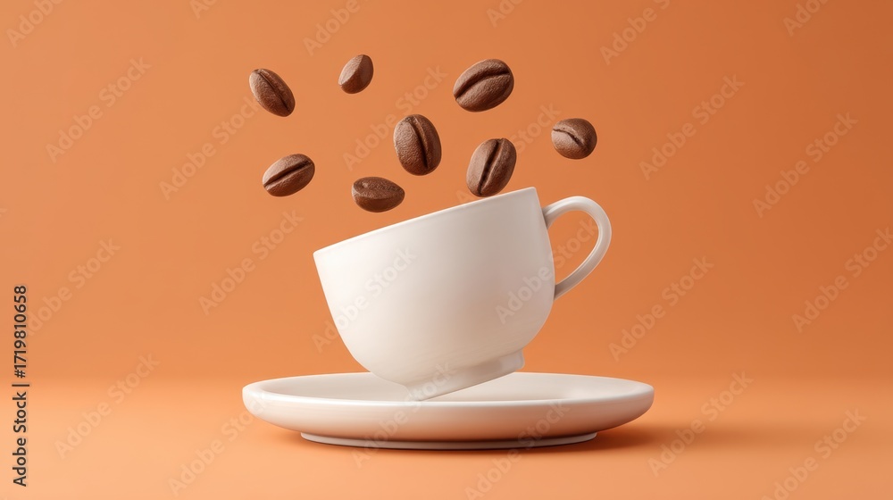 Obraz premium White coffee cup on plate with floating coffee beans on orange background, perfect for morning beverage advertisement and coffee shop marketing materials