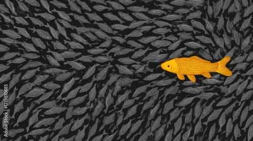 Vibrant orange fish swims against backdrop of numerous gray fish, symbolizing individuality and standing out in crowd. contrast highlights uniqueness of orange fish in sea of sameness