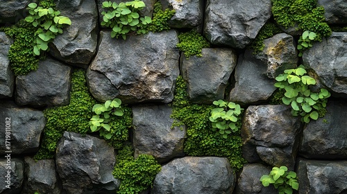 Rustic dark gray rock wall with vibrant green moss and plants thriving in the crevices. A natural stone texture perfect for backgrounds and overlays. Abstract Background Trend