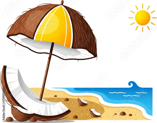 Creative tropical coconut beach umbrella on sandy seashore with sunshine