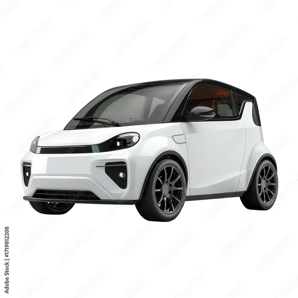Fototapeta premium Compact electric car parked in a modern urban setting during the daytime with bright sunlight