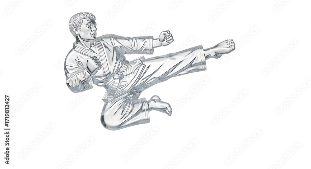 Fototapeta premium A martial artist performing a flying kick, rendered in clear ice and isolated transparent