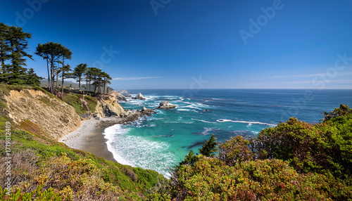 Coastal Trees Overlook Rugged Cliffs And The Pacific Ocean Near Davenport Beach California A Tranquil Scene Along Scenic Highway 1 On A Bright Sunny Day