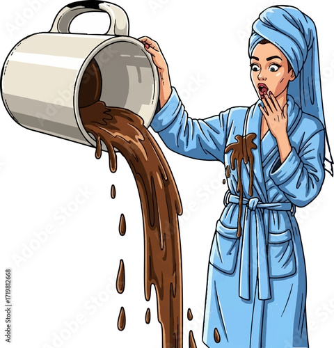 Funny cartoon woman shocked by giant coffee spill in white background