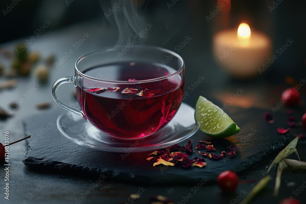 Fototapeta premium Hot herbal tea in glass cup with lime slice on slate surface 