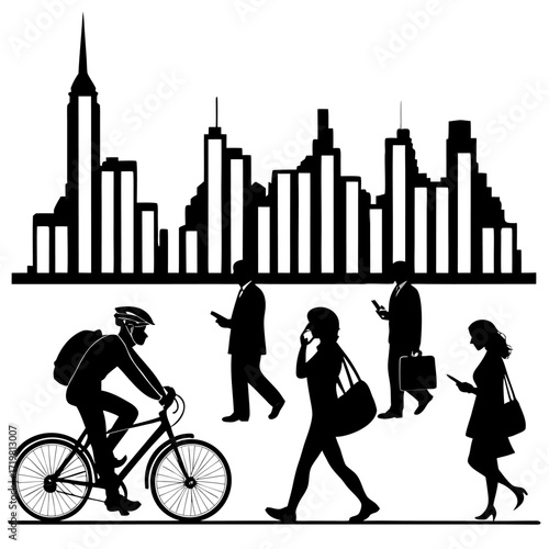 ector silhouette of city skyline with people walking and cycling on white background