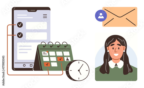 Smartphone checklist links to calendar and clock for task planning, alongside email and user profile. Ideal for productivity, organization, reminders, teamwork, scheduling, digital tools