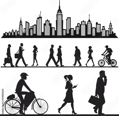 ector silhouette of city skyline with people walking and cycling on white background