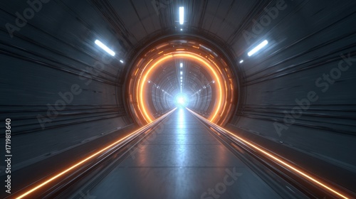 Futuristic tunnel with glowing lights and a bright light at the end creating an illusion of depth, leading to an unknown destination of exploration