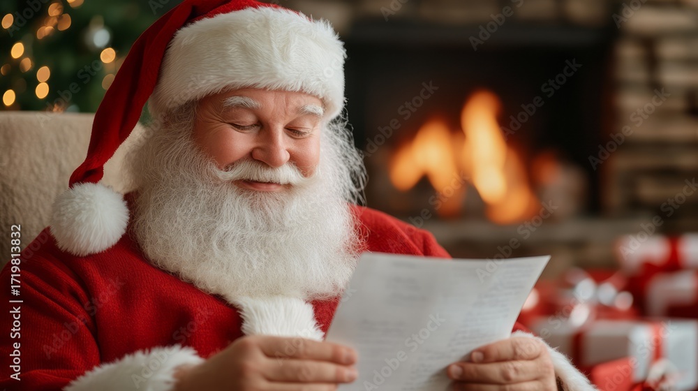 Naklejka premium Jolly Santa Claus Reading a Letter by the Warm Fire Christmas Eve Celebration