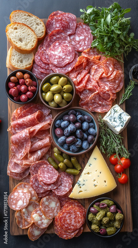 A beautifully arranged charcuterie board features a diverse selection of gourmet sliced meats, various cheeses, fresh bread, olives, and colorful healthy ingredients.