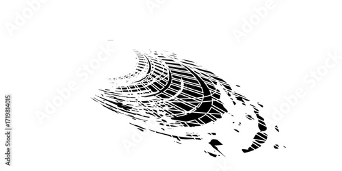 Tire tread marks, wheel textures, tire marks - car racing, motocross, drift, rally, off-road and others. Vector black isolated texture in grunge style with splashes.modern