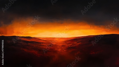 Wallpaper Mural Dramatic sunset over dark hills with vibrant orange and red hues -   Torontodigital.ca
