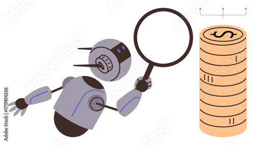 Robot closely inspecting a coin stack with a magnifying glass, symbolizing financial analysis, AI integration, and automation. Ideal for technology, innovation, finance, robotics, research