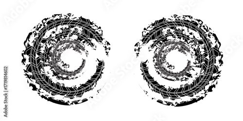Tire tread marks, wheel textures, tire marks - car racing, motocross, drift, rally, off-road and others. Vector black isolated texture in grunge style with splashes.modern