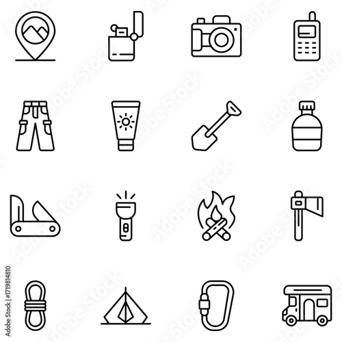 Simple, black line icons representing various essential camping and hiking equipment.