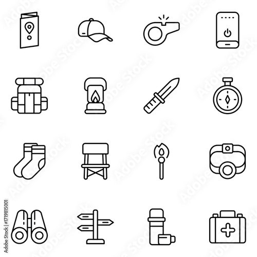 Essential Outdoor Gear Icons for Camping and Hiking
