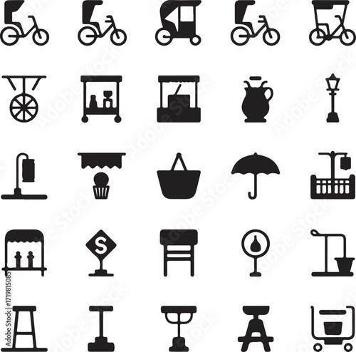 Collection of silhouette icons representing transportation and market stalls