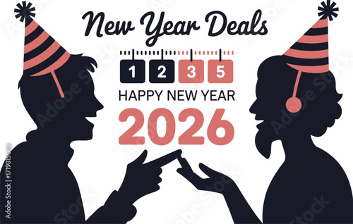 Celebration of New Year 2026 with festive hats and exciting deals