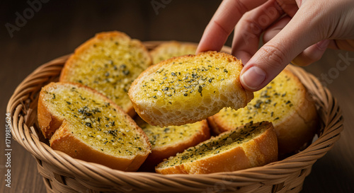 A hand picking up a slice of garlic bread from a basket