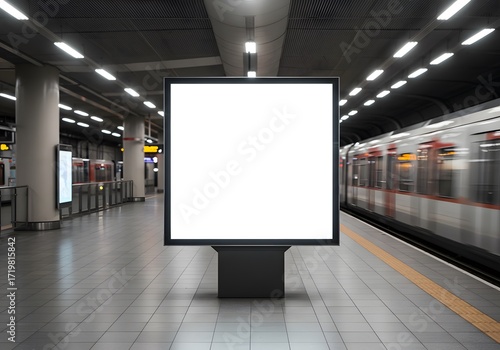 Fototapeta Naklejka Na Ścianę i Meble -  A square mock up of a blank showcase billboard for advertising in a bustling train station