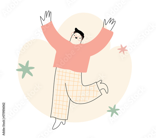 Quirky abstract character isolated. Happy doodle woman jumping excited. Cute vector illustration in hand drawn line art style.