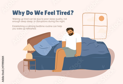 Web banner for sleep disorder research platform, app. A tired man sitting on bed suffering from insomnia.