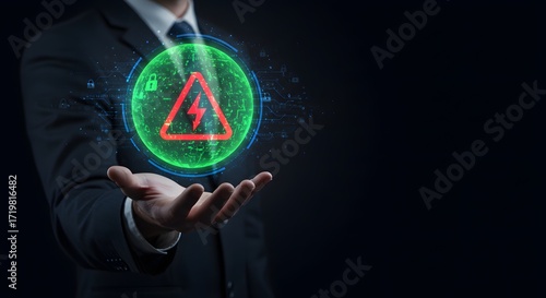 Businessman Holding Digital Warning Symbol of Danger and Cybersecurity Threat