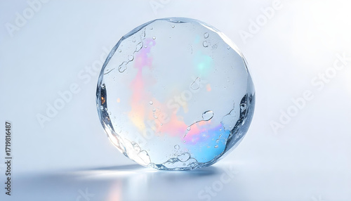 Clear Crystal Round Ice Sphere Isolated on White Background with Realistic Water Droplets and Internal Frost Textures for Luxury Beverage Mockup