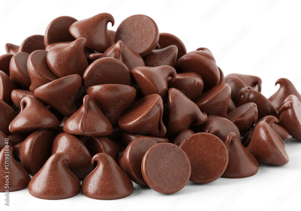Fototapeta premium Pile of delicious dark chocolate chips isolated on white background