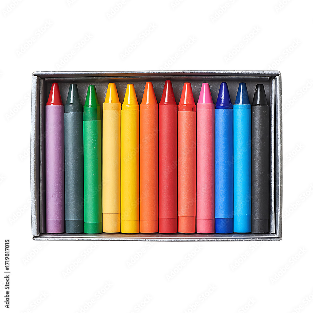Naklejka premium A rainbow of crayons neatly arranged in a silver box perfect for coloring art projects and unleashing your creative potential