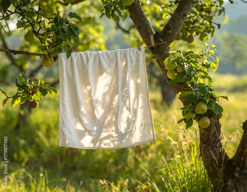 A white cloth hanging from a clothesline in a sunny orchard