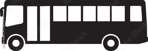 Simple black silhouette of a small passenger bus with white windows and wheels on a white background