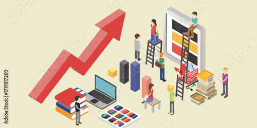 Isometric illustration of business growth and success with people working on a digital tablet and charts