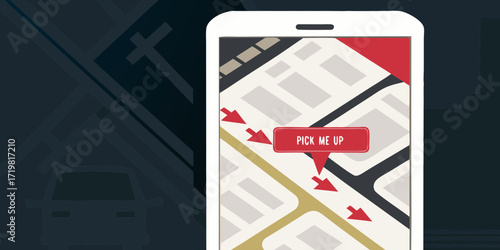 Smartphone showing a navigation map with a pick me up request and route arrows