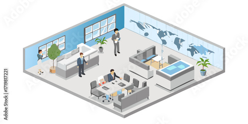 Isometric view of a modern office interior with people collaborating and a world map on the wall