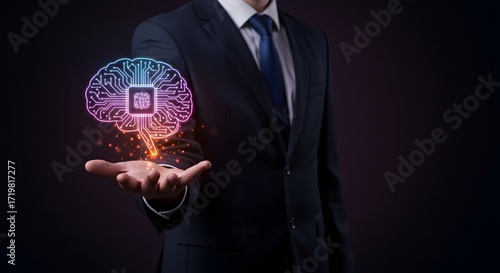 Businessman holds glowing digital brain circuit in hand, AI and technology concept