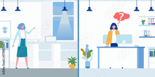 Two women in an office setting one pointing and the other looking confused at a computer
