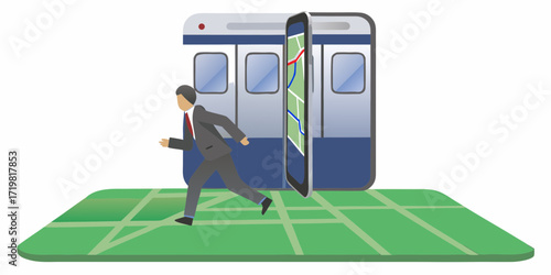 Businessman uses smartphone navigation app to find his way to a waiting train on a city map