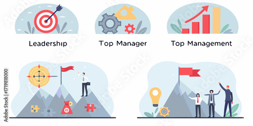 Business concepts illustrated with icons for leadership top manager and top management success