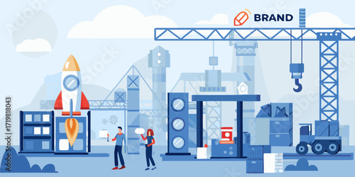 Brand development and launch concept with rocket ship construction and crane building a new identity