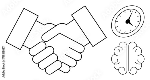 Handshake symbolizing partnership and collaboration, brain illustrating creativity, and clock for punctuality and efficiency. Ideal for teamwork, innovation, time management, strategy, trust