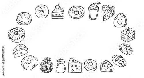 Variety of food and deserts in a circle