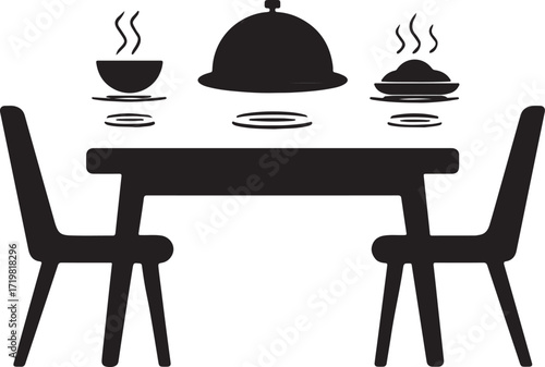 Elegant silhouette of a romantic dinner setting with two chairs and a table laden with food