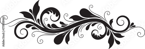 Black decorative floral flourish with swirling vines and leaves on a white background